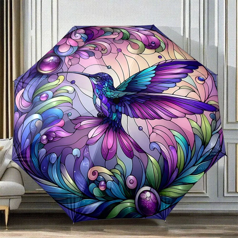 

Automatic Folding Umbrella with Color-Changing Multicolor Hummingbird & Floral Design - 8-Rib Compact Portable Auto-Open/Close
