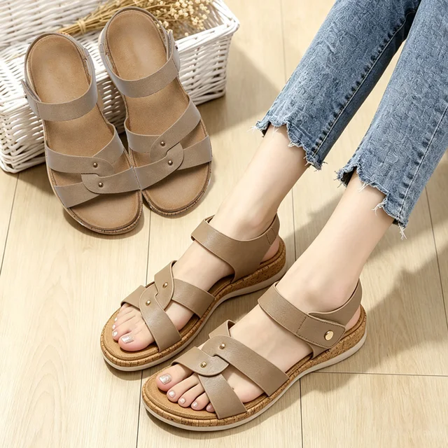 Women Open Toe Flat Sandals Arch Support Adjustable Comfort Summer Beach Casual Walking Shoes