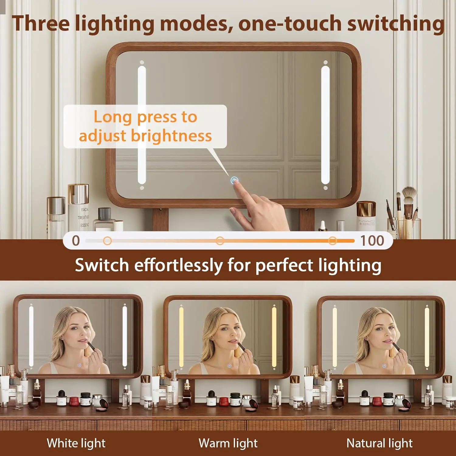 Walnut 3 Drawer Wood Vanity Desk with 3 Color LED Mirror for Bedroom Dressing Room Dressing