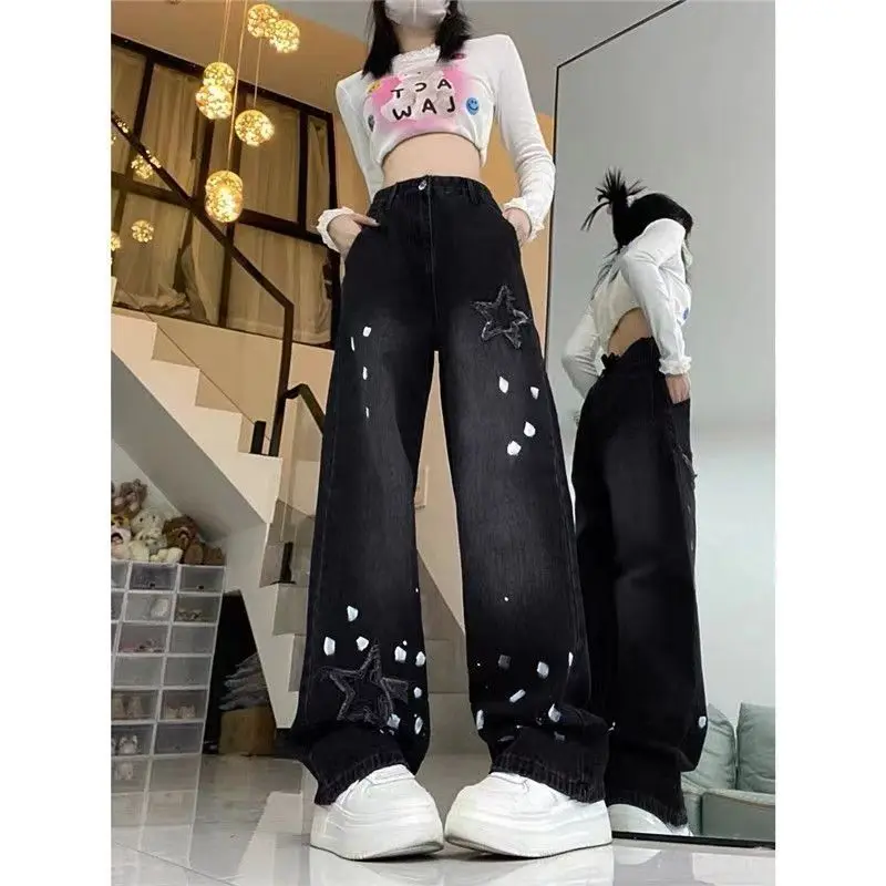 American high waist loose slim splash-ink design wide-leg pants female retro five-pointed star do old washed black-gray jeans.