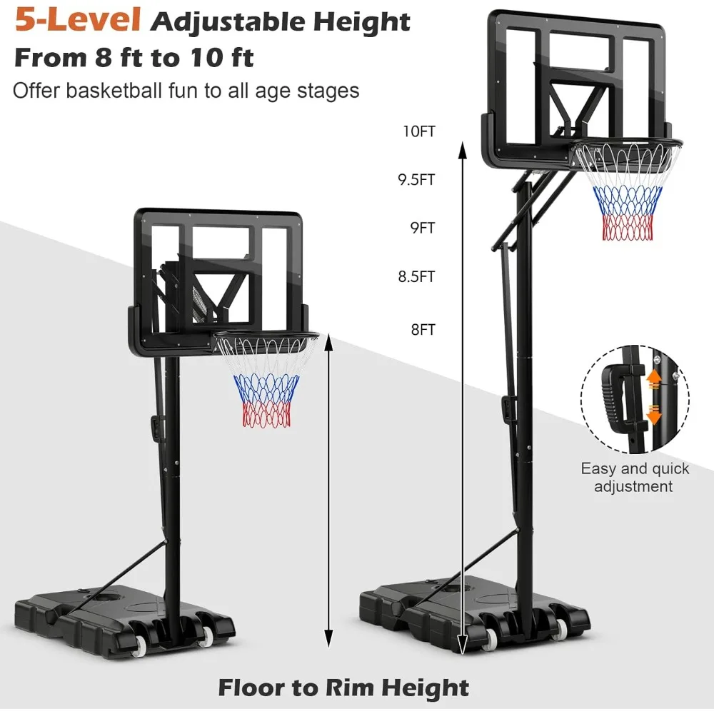 Soporte de baloncesto para exteriores de altura ajustable con tablero de respaldo 44, sistema con ruedas para adultos y durabilidad a largo plazo