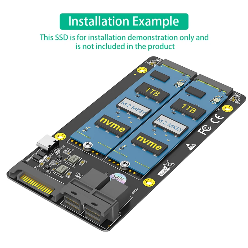 M2 SSD Adapter Dual M.2 NVME M Key to Dual SFF-8643 Riser Board with SATA Type C Power Supply Support 2230 2242 2260 2280 M2 SSD