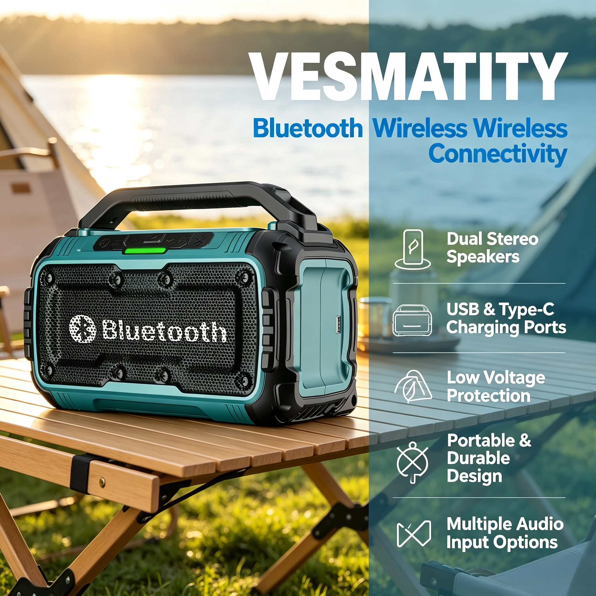 VESMATITY Waterproof Bluetooth Speaker USB Type-C Port Charge Loudspeaker Stereo Surround Tools For Makita Battery Pro Prime