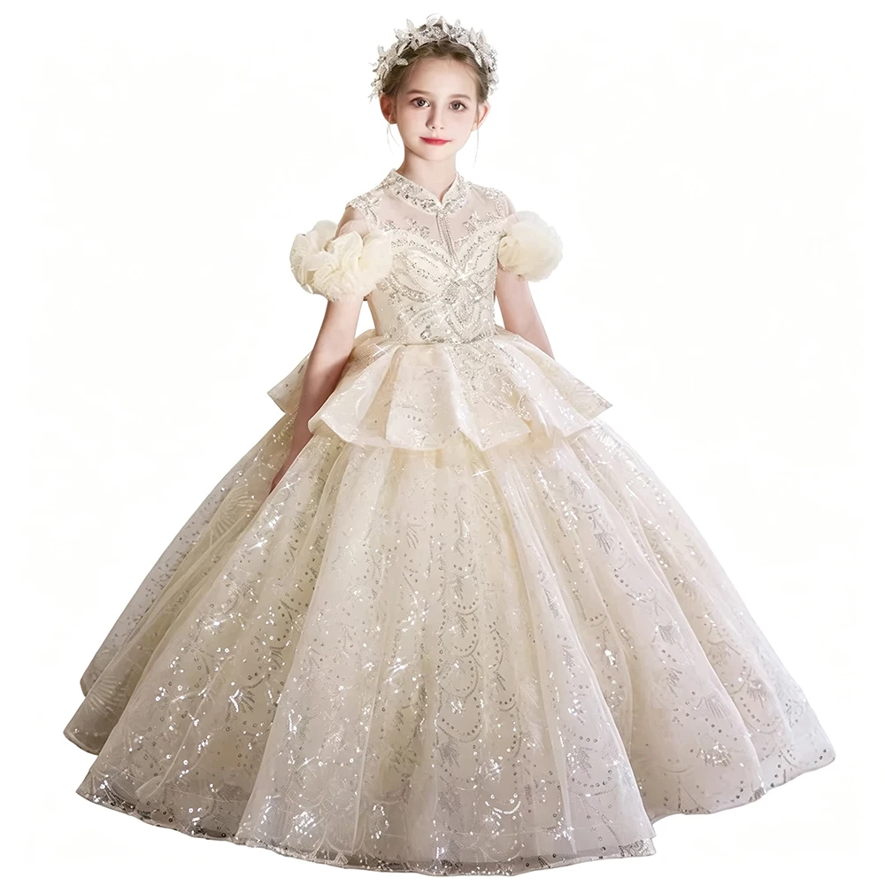 Luxury Champagne Short Puff Sleeve Evening Prom And Pageant Dress For Girls Princess Kids Piano Performance Birthday Party Gown
