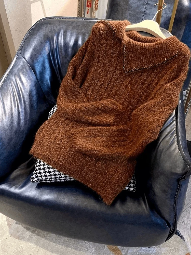 

Korean Sle Lazy Collar Knitted Sweater Trending Women's Faion New Model Unique Beautiful Top Long Sve V-Ne Sweater