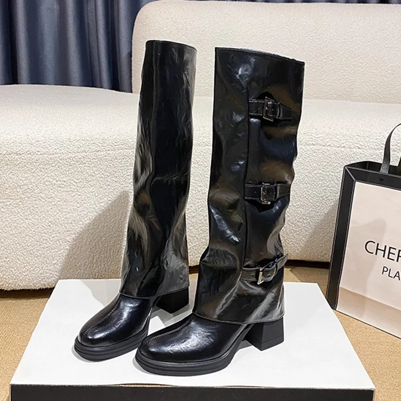 

High Heels Women's High Boots Elegant Heeled Knee High Leather Shoes 2025 Winter Pumps Chelsea Gothic Boots New Mujer De Botas