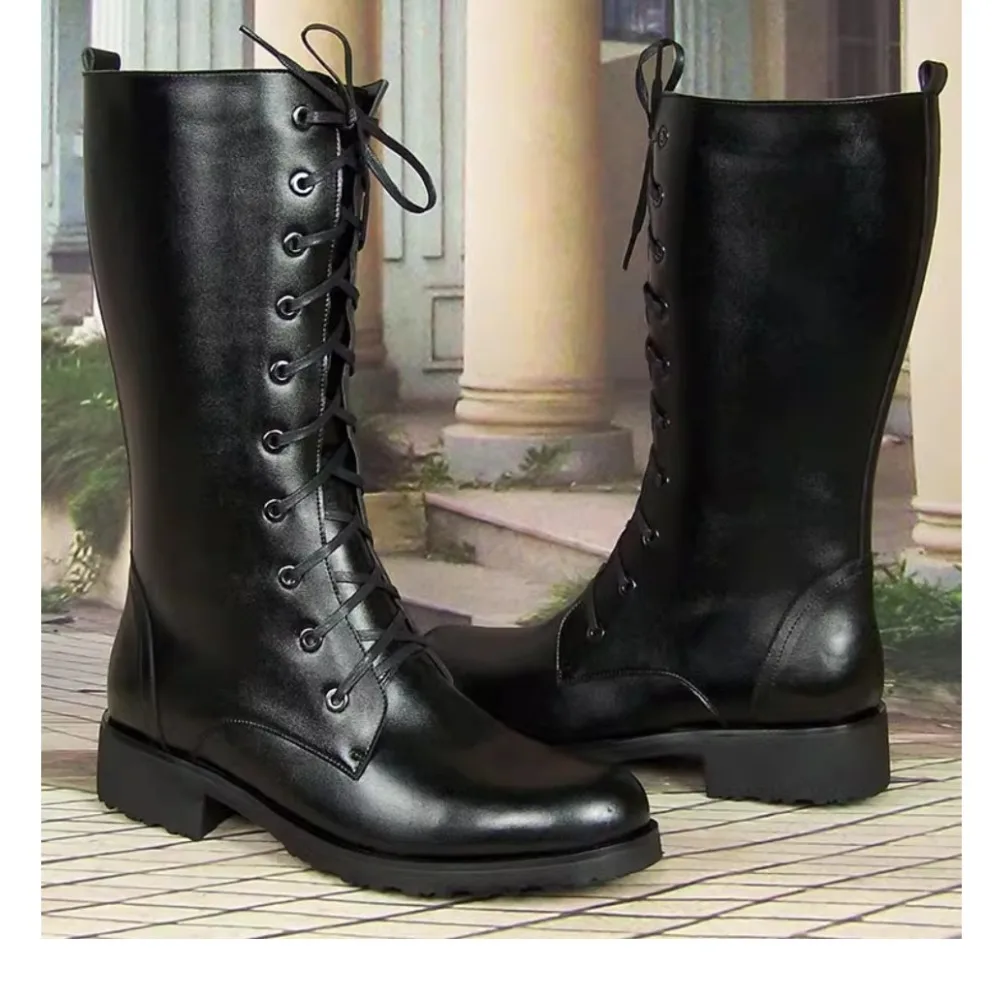 Men's Genuine Leather Lace-up Mid-calf Riding Boots,Honor Guard Parade Winter Knee-high Knight Boots Stage Performance Shoes