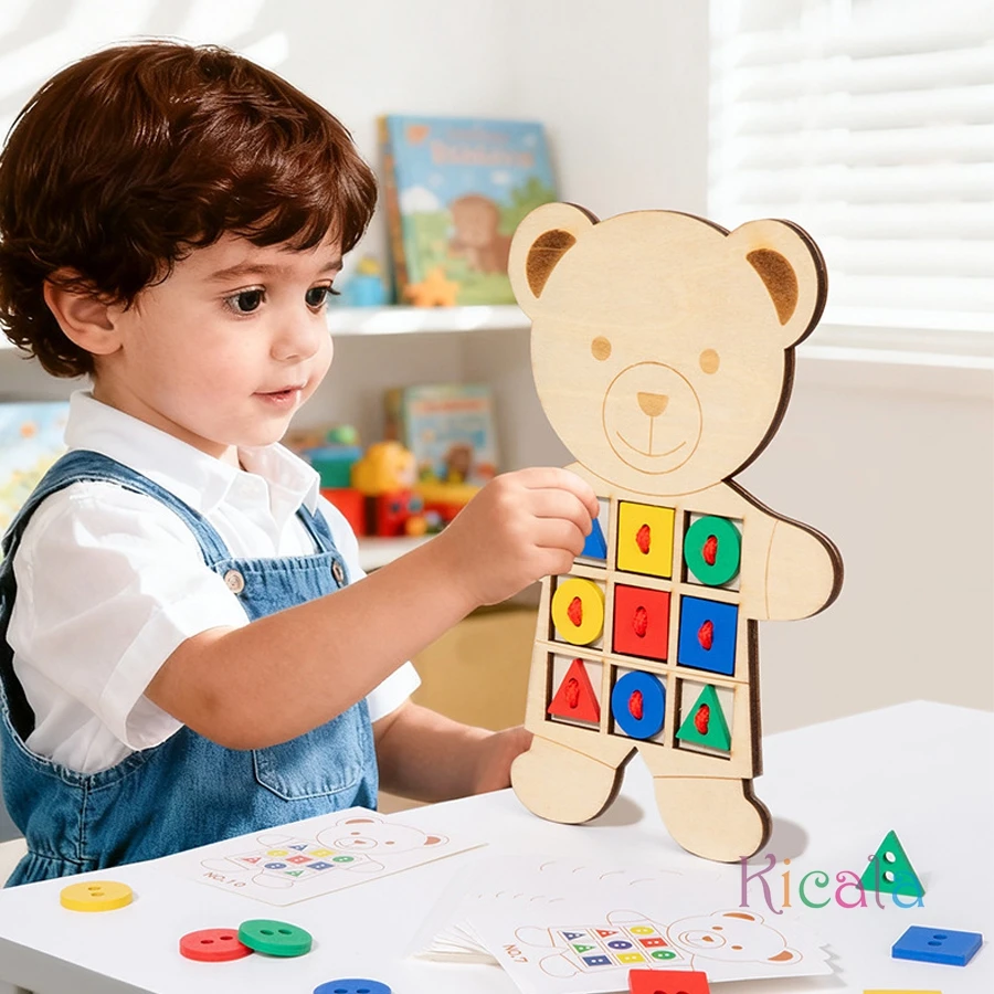 Juguete de oso con cordones de madera con tarjetas de patrón, juguete de aprendizaje de costura, clasificación de colores, juguete de matemáticas Montessori, regalos de juego para niños pequeños