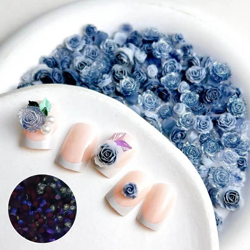 Luminous Cool Camellia Resin Nail Charms Translucent Shinny Blue Gray High-end Color Matching Nail Art Decorations DIY Nails