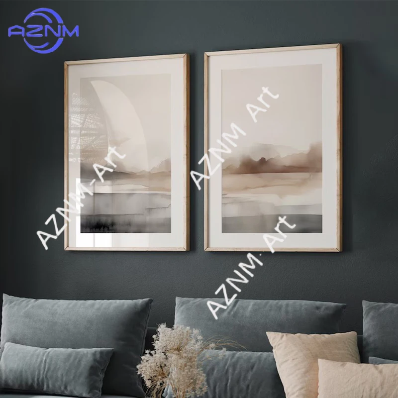 Scandinavian Watercolor Neutral Landscape Abstract Line Minimalist Poster Canvas Painting Wall Art Pictures Home Bedroom Decor