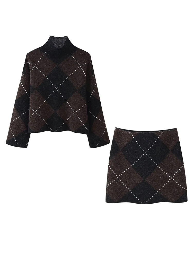 HH المرأة عالية الياقة طويلة الأكمام منقوشة الخريف بلوفر مغزول + أنيقة عالية الخصر الشارع نمط تنورة صغيرة تنورة دعوى Mujer