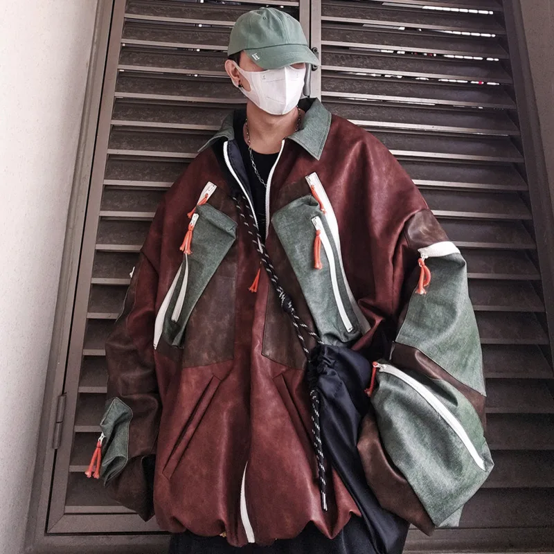 HKSH Spring Autumn New Man Hip-Hop Loose Safari Style Multi-Pocket Spliced Panelled Leather Jacket High Street Chic Coat HK13704