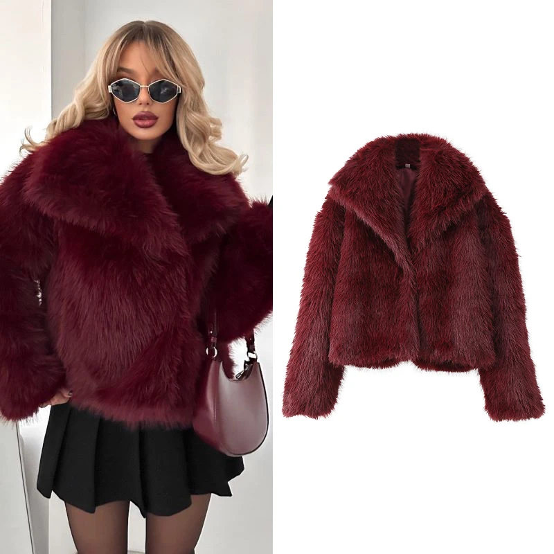 Women's Vintage Burgundy Faux Fur Coat Fashion Luxury Lapel Long Sleeve Fluffy Plush Jacket Lady Winter High Street Outerwears