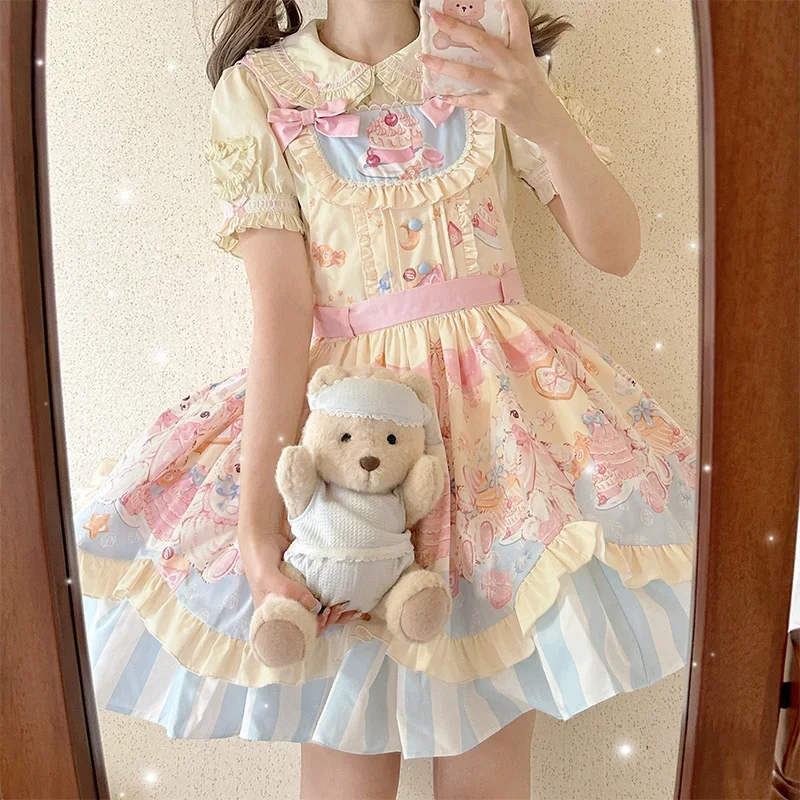 Japanese Sweet Lolita OP Dress Summer Girls Cute Lace Bow Strawberry Bunny Tea Party Dresses Women Harajuku Kawaii Chic Vestidos