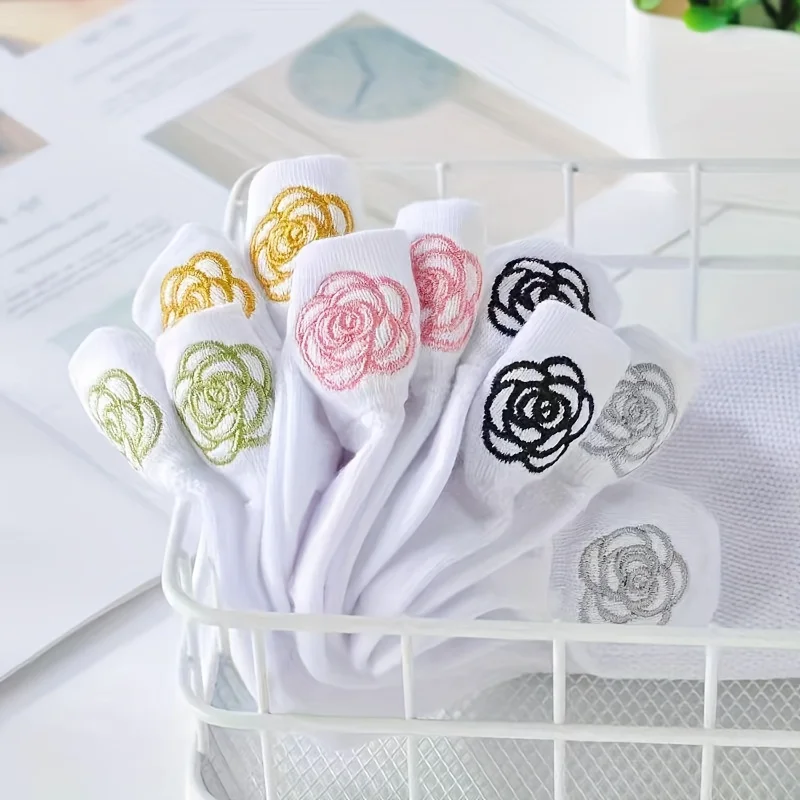 5 Pairs Women's Floral Embroidered Liner Socks, Sweet and Comfortable Women's Socks | Women's Liner Socks / Women's Ankle Socks