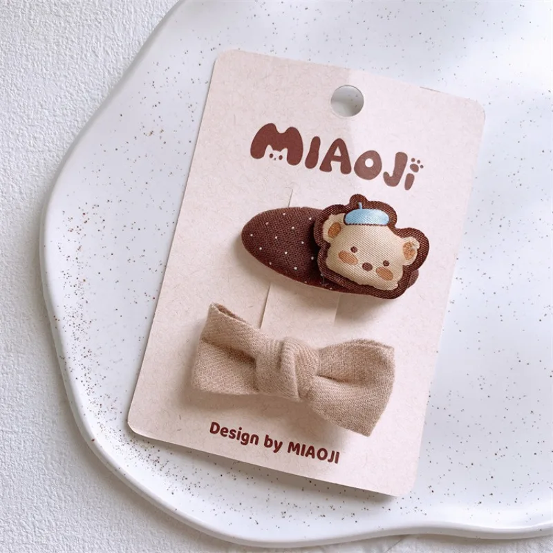 Beige & Coffee Kids' Hair Accessories - Cute Cartoon Bear & Bow, Hair Clips/Ties/BB Clips, For Bangs/Stray Hair, Soft Versatile