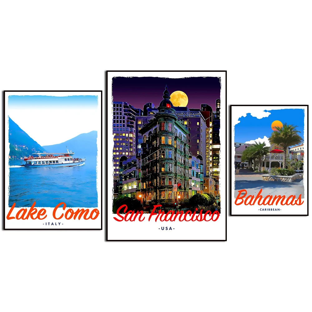 Макарамб Стамбул Сан-Франциско Осло Мокасе Озеро Комо Монако. Декорации городских путешествий. Домашний Настенный Декор Художественная Картина на Холсте