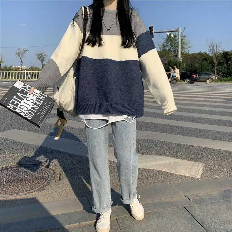 

Autumn and winter new striped sweater for female students Korean style loose outer wear lazy style retro color matching jacket