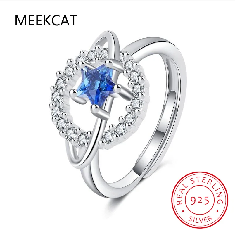 Star Created Blue Sapphire 925 Sterling Silver Planets Ring Anillos De Prata for Women Fashion Gemstone Jewelry Wedding Gift