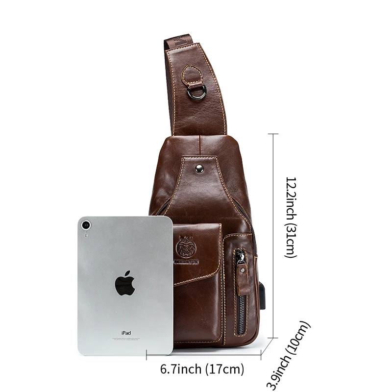 SCHLATUM 100%Genuine Leather Cowhide Crossbody USB Chest Bag Men Fashion Large Capacity  Men\'s  Retro Chest Bags Shoulder Bag