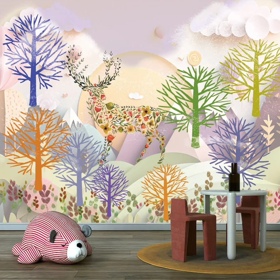 

Самоклеящиеся обои на заказ для гостиной, контактная бумага, детская кровать, мультяшные деревья, пятнистый олень, ремонт мебели, фреска