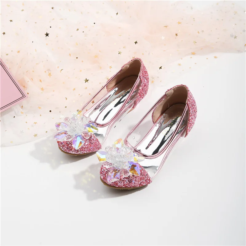 

New Spring Girls Shoes Children Princess Party Shoes High Heels Dancing Sandals Crystal Flowers Kids Shoes for Girl CSH1568