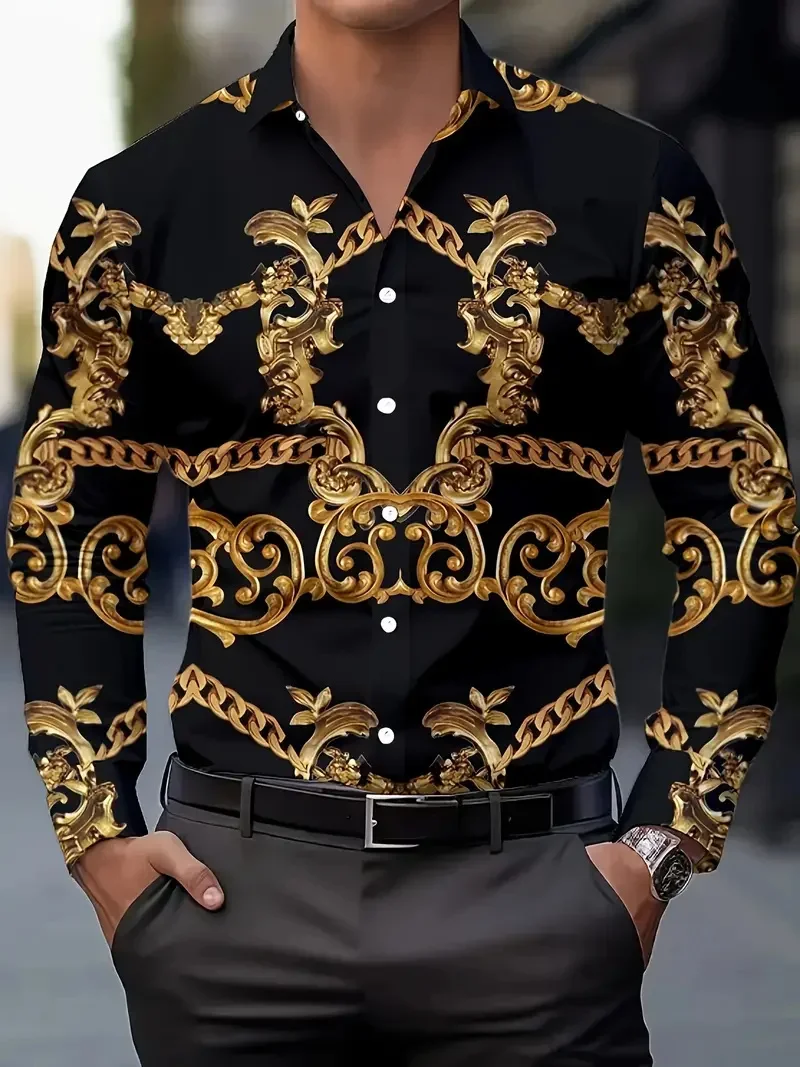 

Men's Dark French Long Sleeve Shirt Flap Design Business Casual Button 3D Chain Printed Shirt Simple Design For Formal Occasions