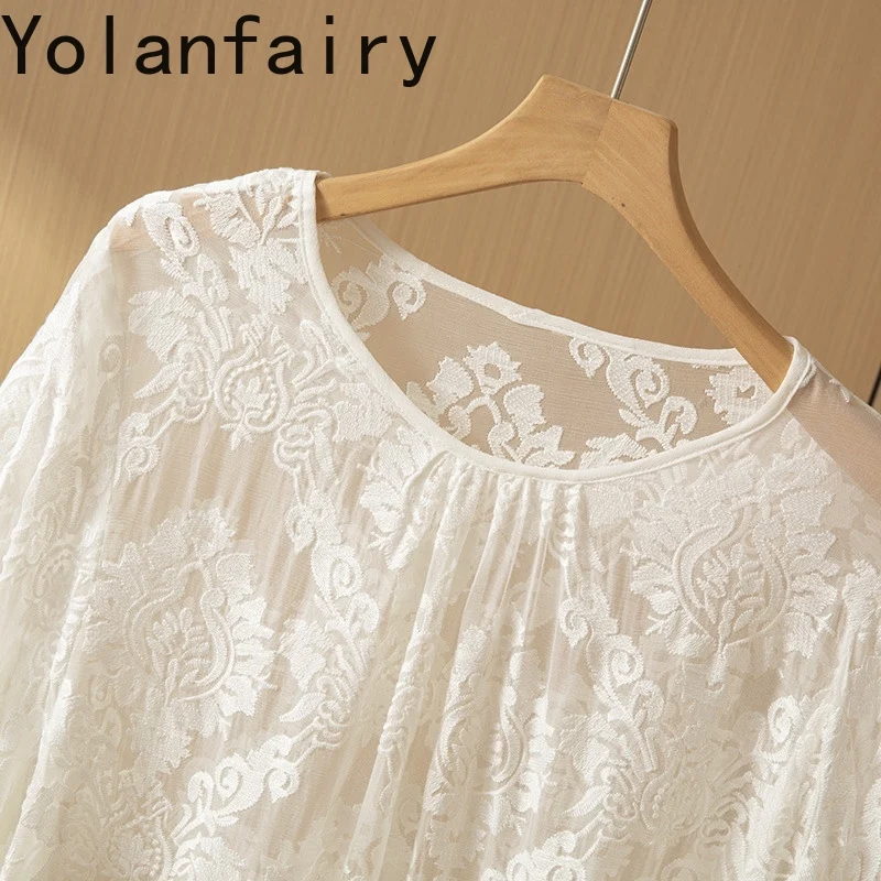 YOLANFAIRY 100% Mulberry Silk Summer Blouse Woman Elegant Embroidery White Top Sun-protective Pullovers Lantern Sleeve Blouses