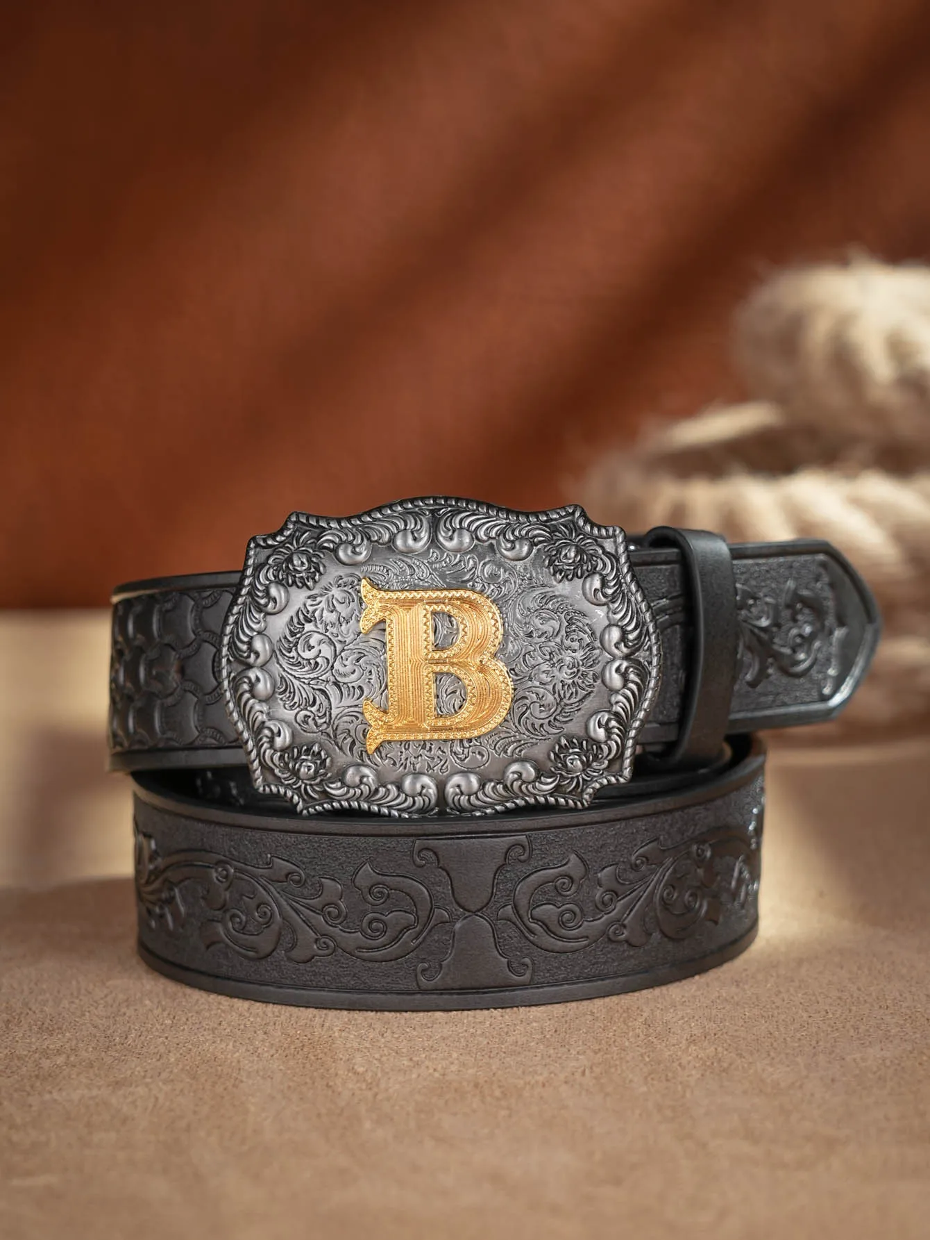 Western Cowboy PU-Ledergürtel – Herren-Hüftgurt, Stier-Dekoration, Blumenmuster, graviert für Jeans – Detail 3