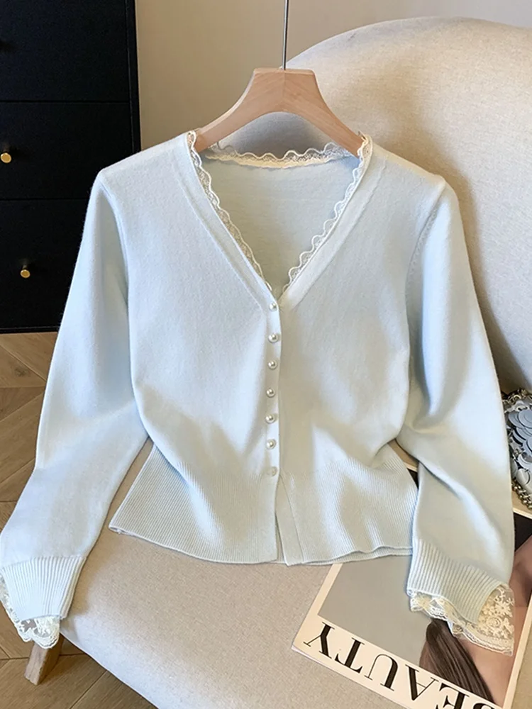 

Ele Lace Knitted Open Cardigan Women's Spring New Inner Wear Base irt High-End Feeling Casual Sle Long Sve V-Ne