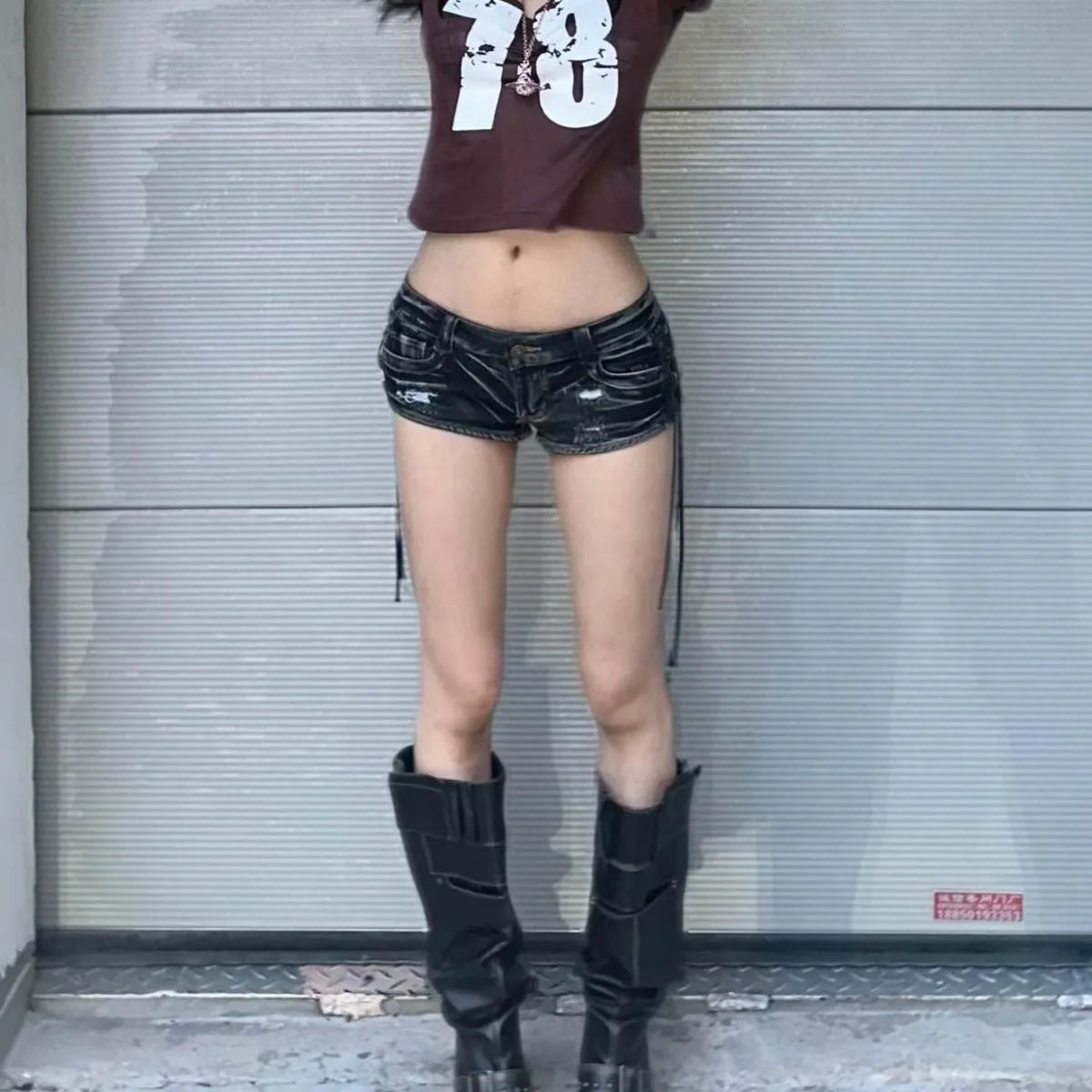 American Spice Girls Washed Black Strap Denim Shorts Women 2026 Summer Low Waist Slim Skinny Sexy Hip Wrap Hot Pants view 5