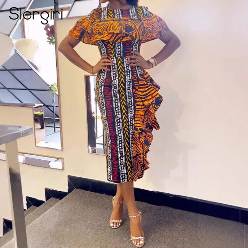 Slergiri Women's Ethnic Style Print Back Split Dress 2025 Summer O-Neck High Waist Boho Ruffle Trim Bodycon Midi Dresses