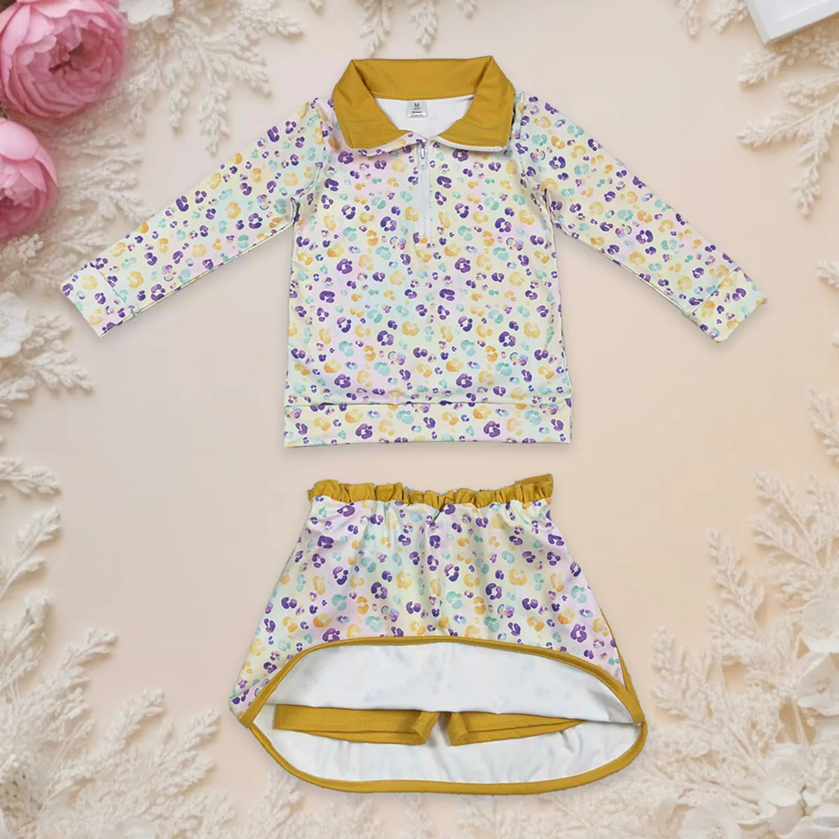 

Toddler Baby Girl Long Sleeve Leopard Zipper Pullover Top Mardi Gras Skirt Skorts Set Yoga Active Kids Children Outfit Wholesale