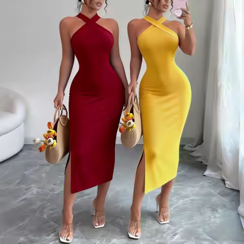 Women's Burgundy Halter Neck Sleeveless Stretchy Knit Bodycon Midi Dress Side Slit Elegant Summer Party Evening Dress Outfits