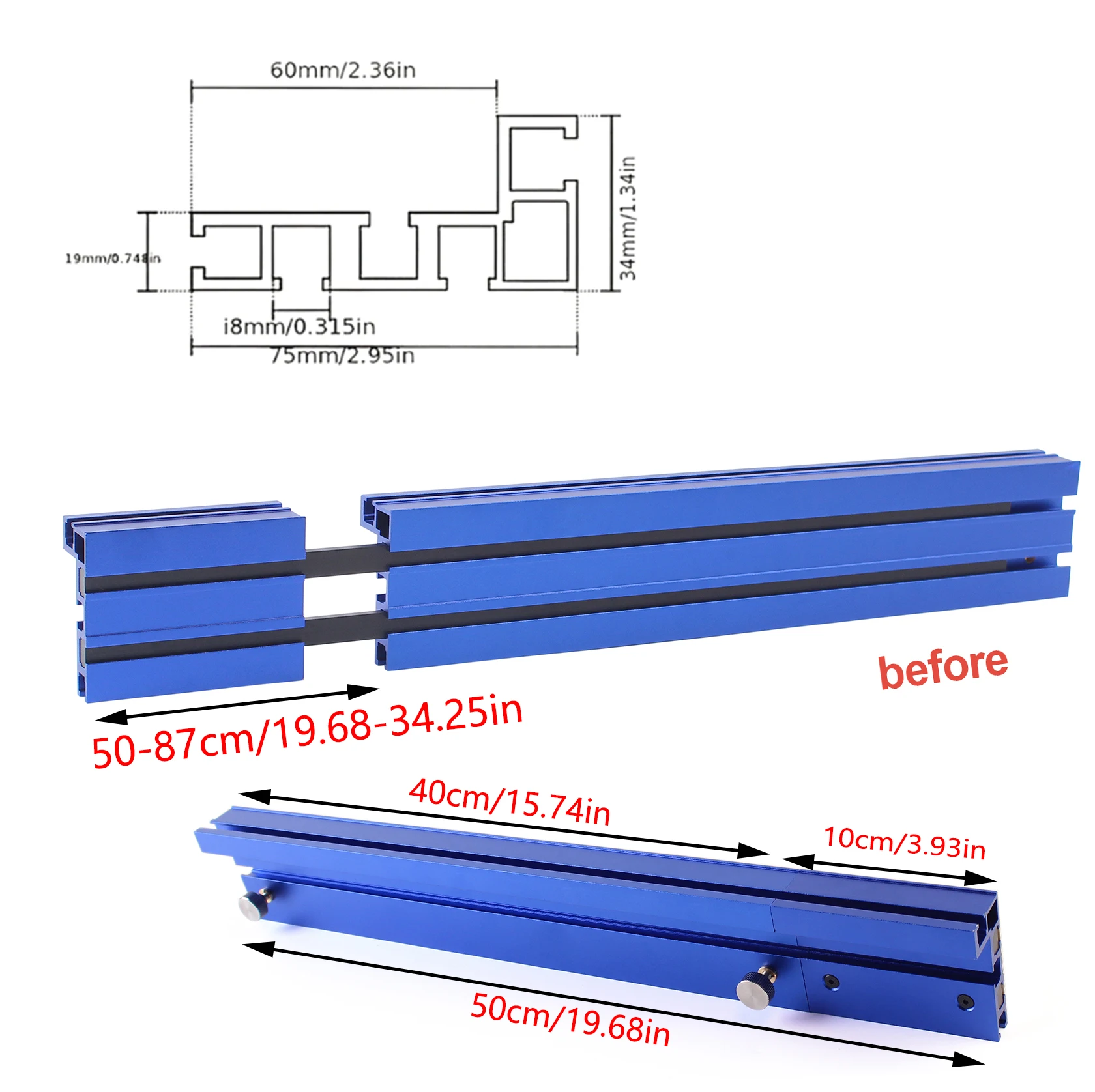 75 Type Blue Telescoping Aluminum Profile Router Fence T-Track Table Saw Fence Woodworking T-Slot Miter Track Fence 50-87CM