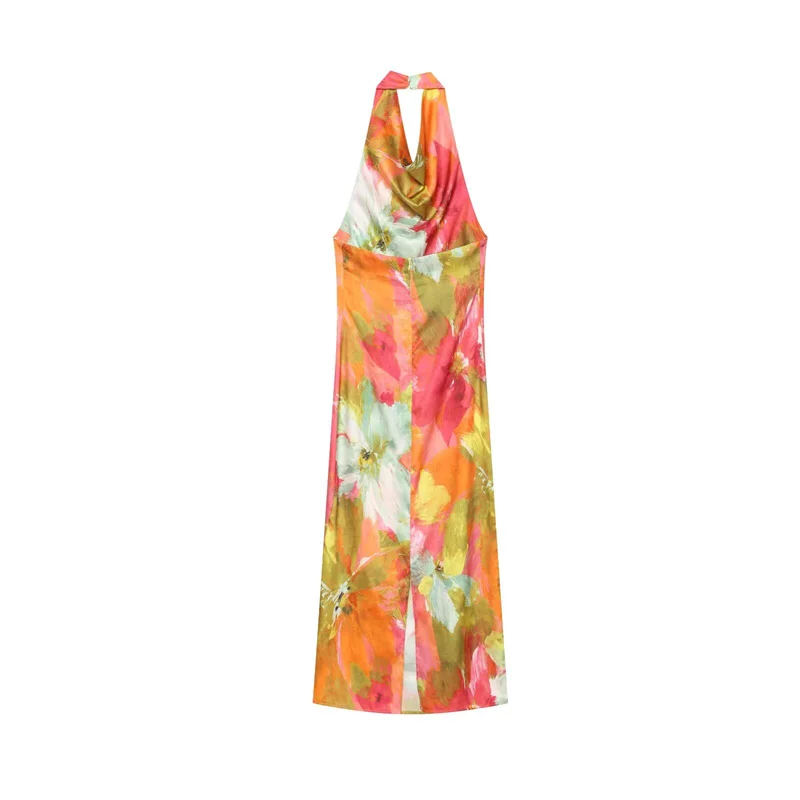 Guobioziy Top 2026 New Style Halter Neck Draped Oil Painting Floral Satin Long Dress Holiday Vibes French Romance