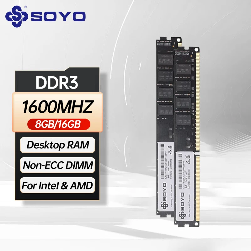 Módulo de Memória RAM SOYO DDR3 de Alta Velocidade 1600mhz 8GB/16GB para Desktop 1.5V CL11 288-Pinos Non-ECC Unbuffered DIMM para Intel AMD