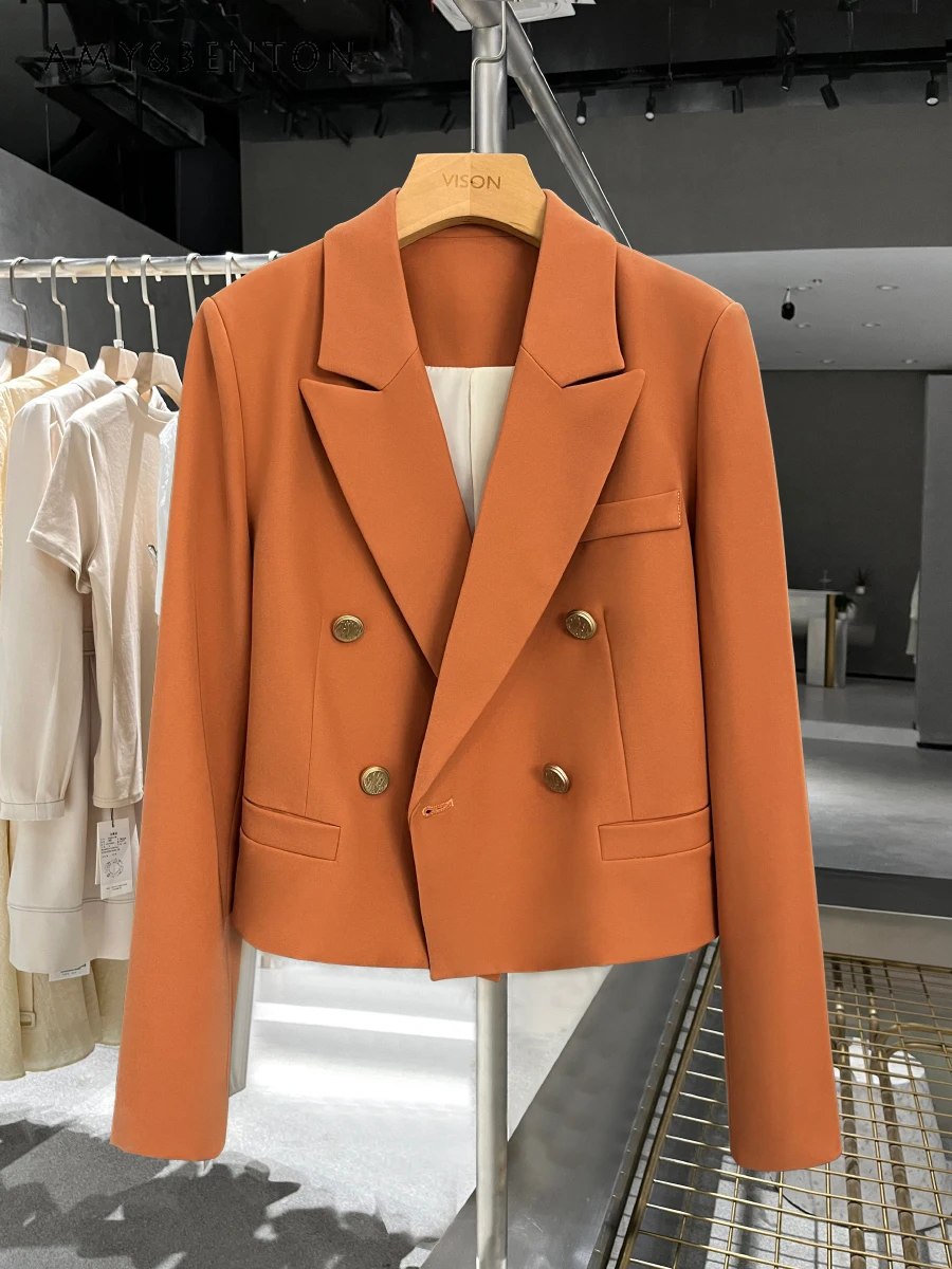 

Fashion Casual Orange Blazer Women's 2024 New Spring and Autumn Commuter Style Short Blazers British Style Retro Jacket Women