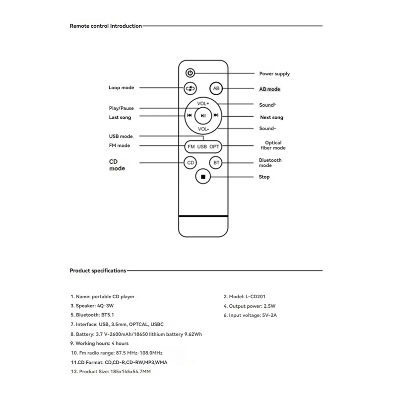 Portable CD Playe Player Bluetooth Digital Optical Output Audiophile Audio Player Built-In 2000Mah High Capacity Battery B