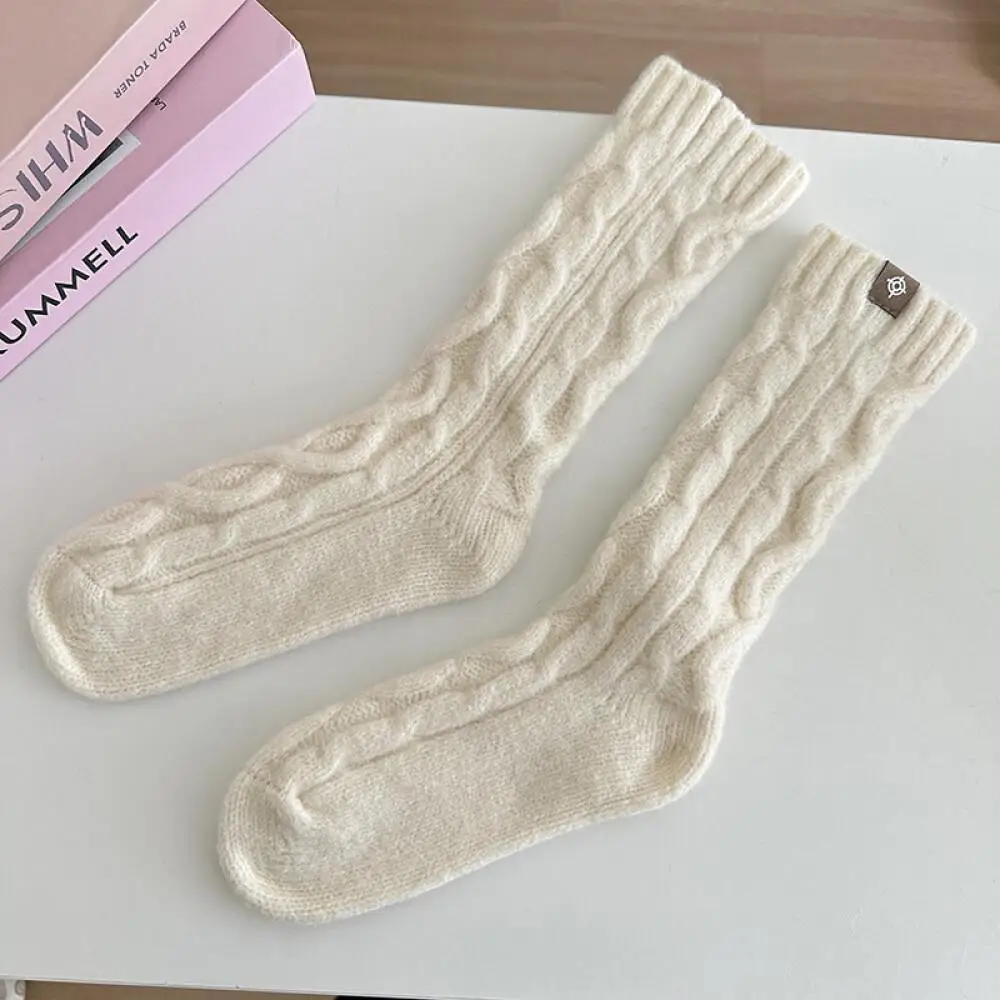 Knitted Wool Warm Socks Japanese Korean Casual Solid Color Simple Style Mid-Calf Length Socks Twist Striped Socks