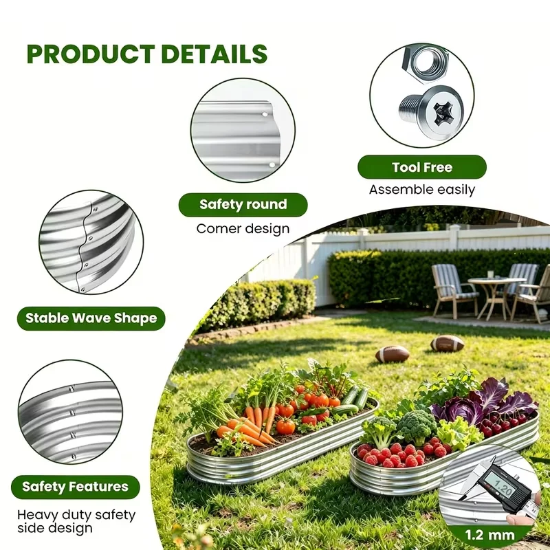 2Pcs Thickened Galvanized Oval Large-Capacity Raised Garden Planter Bed, Multi-Purpose Outdoor Metal Planting Box, Rust Resistant, for Herbs, Vegetables & Fruits view 6