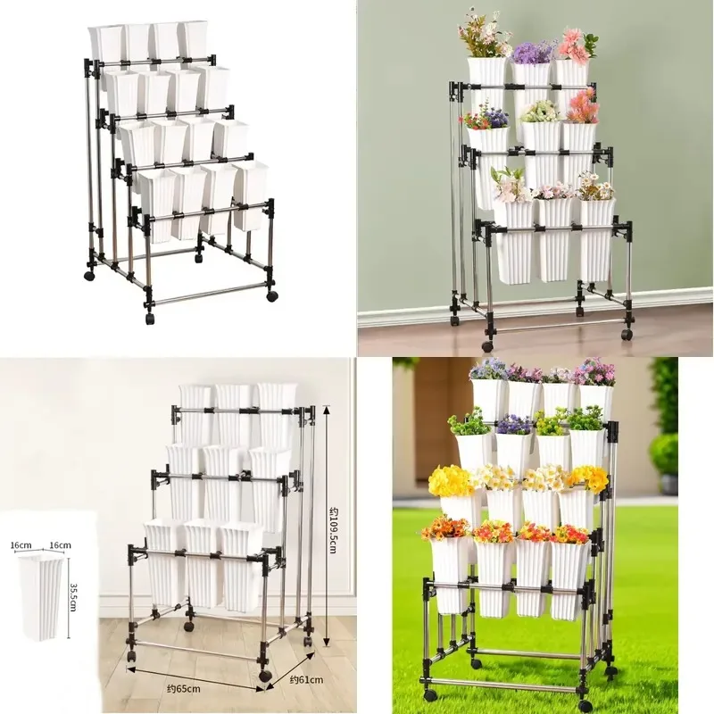 Layer Iron Flower Stand with Wheels Movable Floor to Ceiling Display Rack for Balcony Living Room Indoor Outdoor Use
