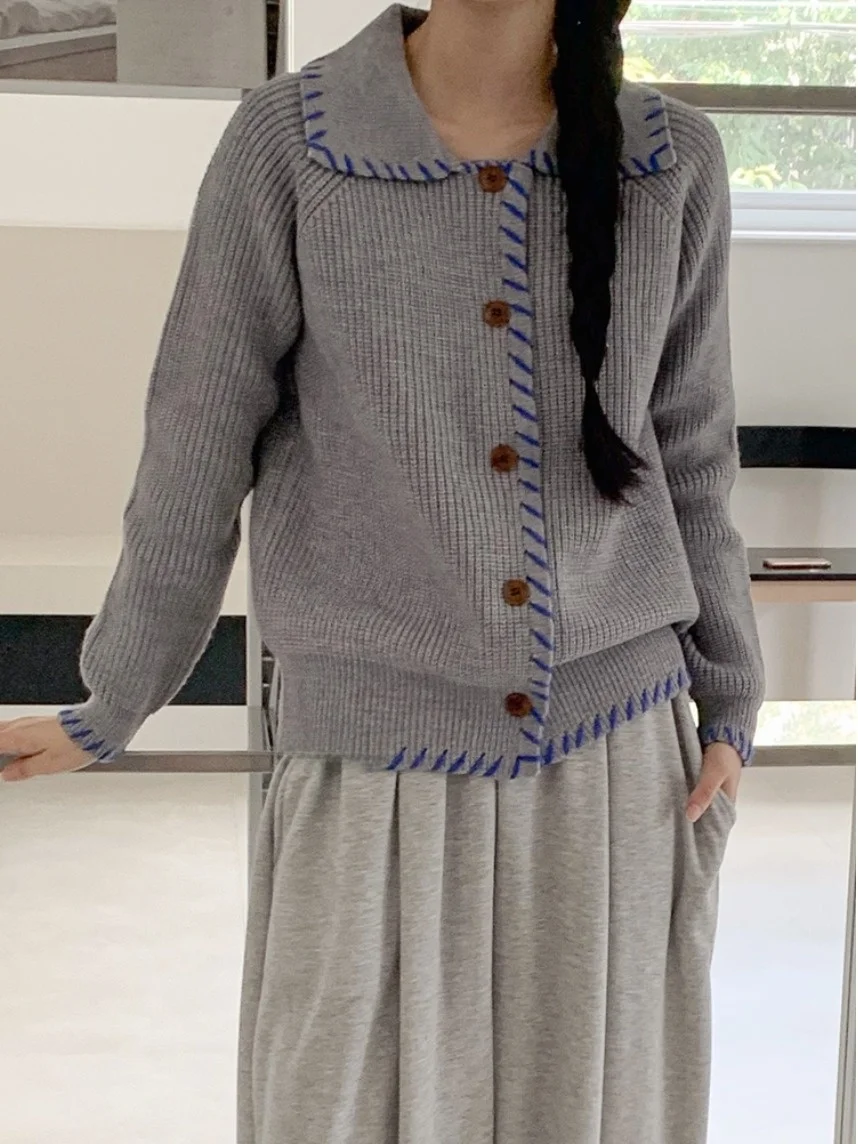 Autumn Winter Lazy Turn-down Collar Color Blo Design Knitwear Jaet Women's Loose Casual Open Cardigan Elegance Knitted Top