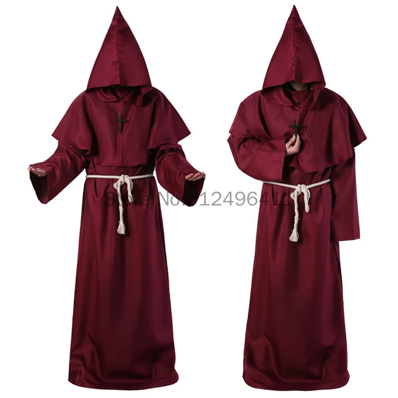 Halloween Costume Men Women Vintage Renaissance Monk Medieval Cosplay Cowl Friar Priest Hooded Robe Rope Cloak Cape