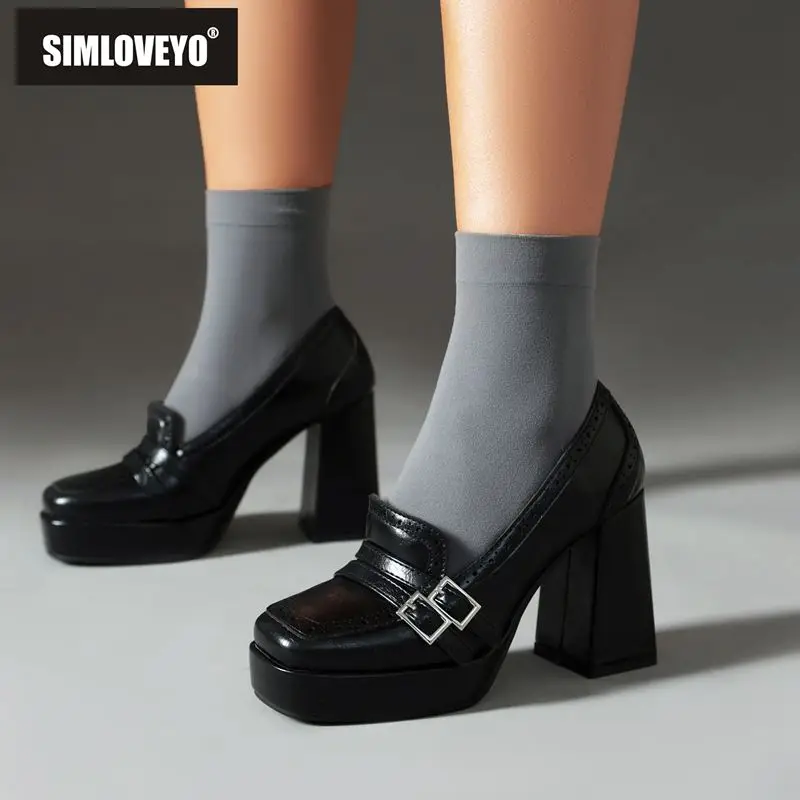 SIMLOVEYO Classic Women Pumps Toe Chunky Heels 9,5cm Platform 2.5cm Slip On Decoration 41 42 43 Daily Shoes