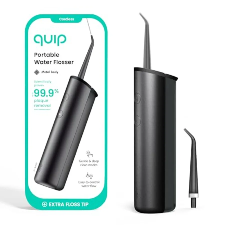 Cordless water flosser for home dental care, ABS plastic, all-black, adjustable pressure and 360-degree rotating replaceable ti