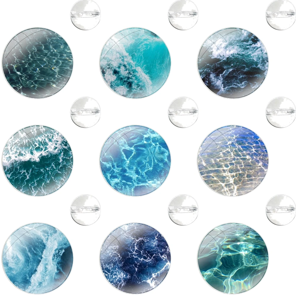 Glass Dome Brooches Badge Pins For Clothes Hat Shirt Lapel Bag waves ocean water light refractions