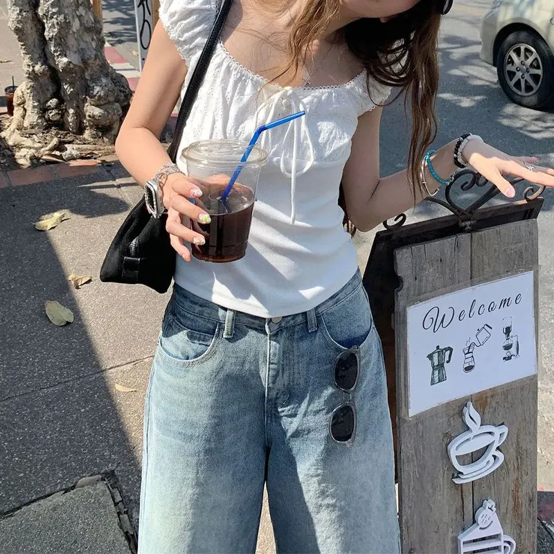 Female Clothing Lace Drawstring Slim Shirts French Style Square Collar Summer Fashionable Hollow Out Puff Sleeve Short Blouse