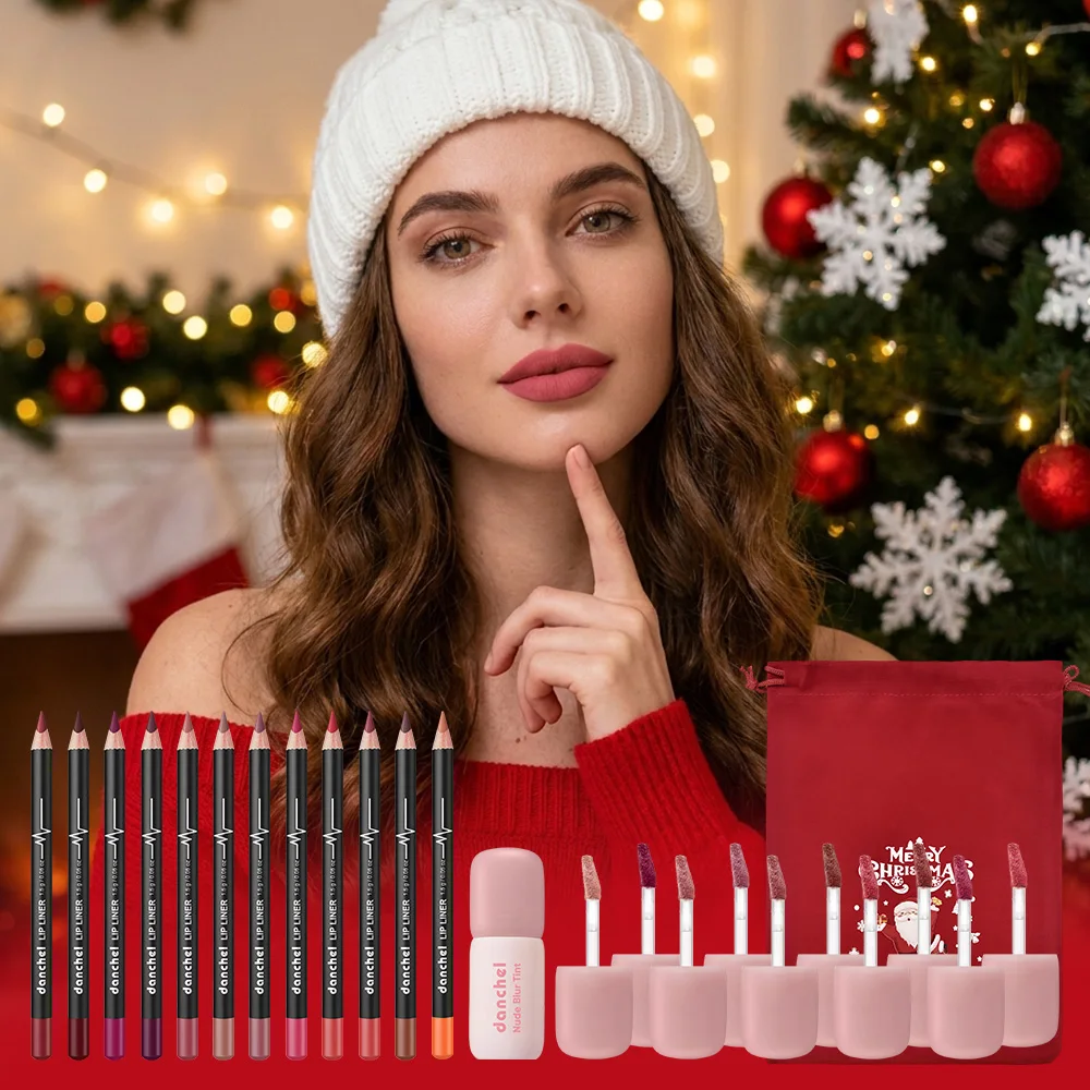 Christmas Lip Makeup Kit Matte Waterproof Lip Liner Smudge Proof Transfer Proof Lip Glaze Lip Cheek Dual Use for Xmas Party Gift