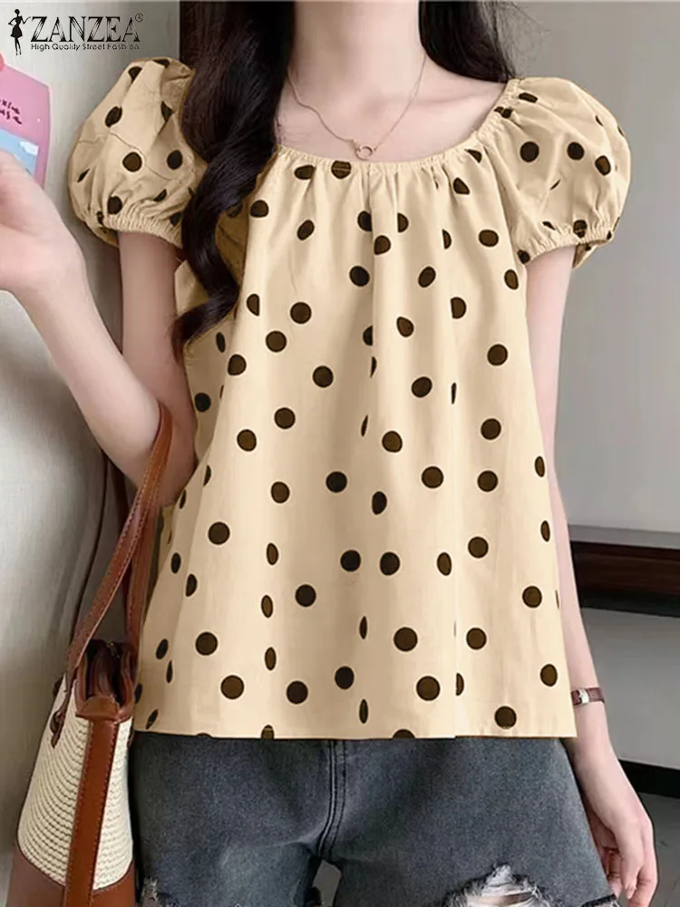 ZANZEA Womens Summer Blouse Elegant Polka Dot Puff Short Sleeve Tops 2024 Korean Fashion Round Neck Blusas Casual Pleated Tops